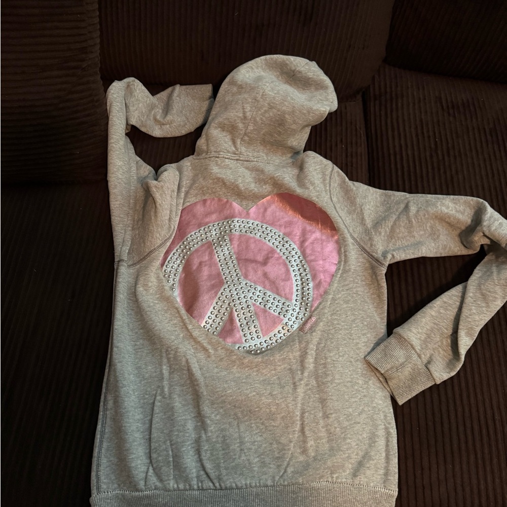 PINK by Victoria’s Secret, grey hoodie embellished with pink hearts/studs Size M - Picture 9 of 14